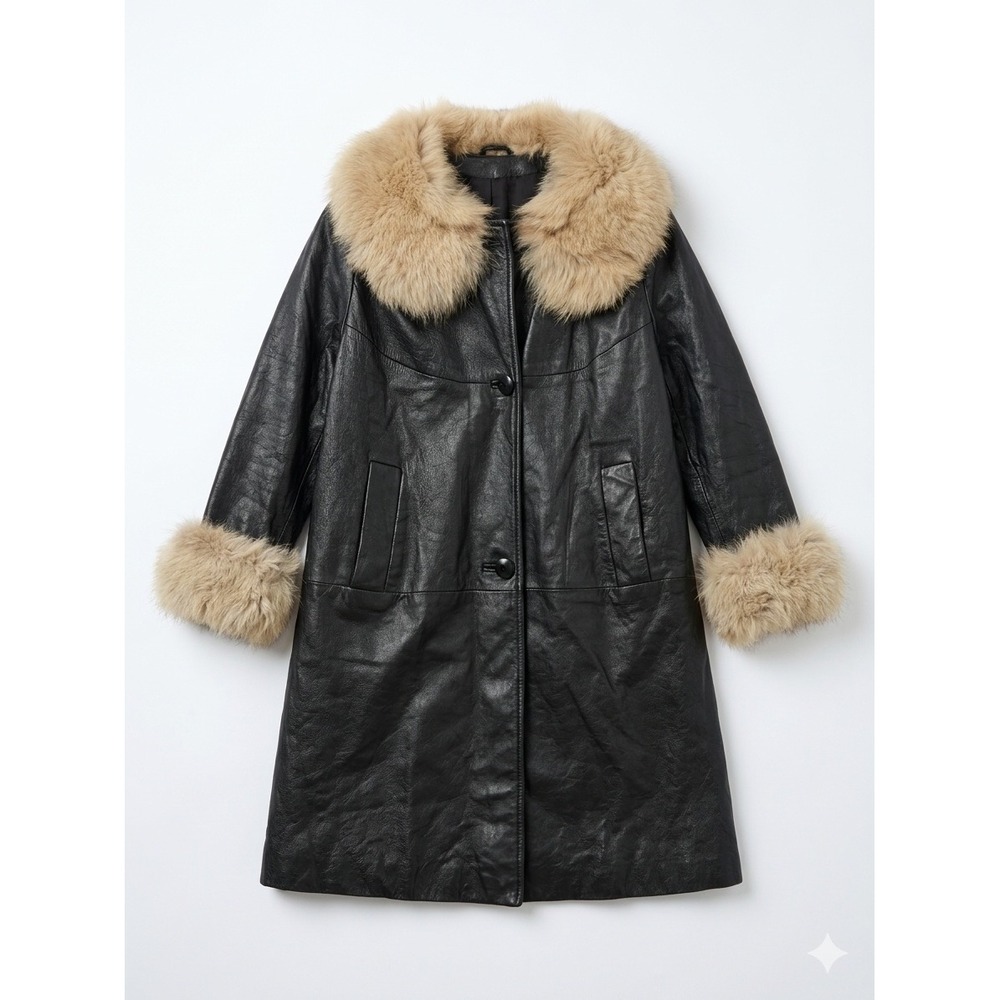 VTG Penny Lane Leather Coat Fox Fur 18x34 Mob Wife MOD 60s 70s
